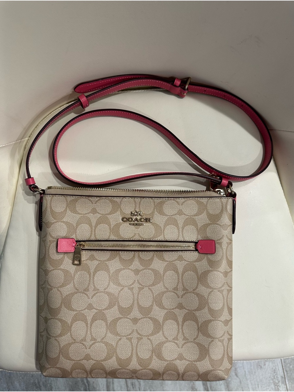 Coach Khaki/Chalk Signature Crossbody with Pink Trim